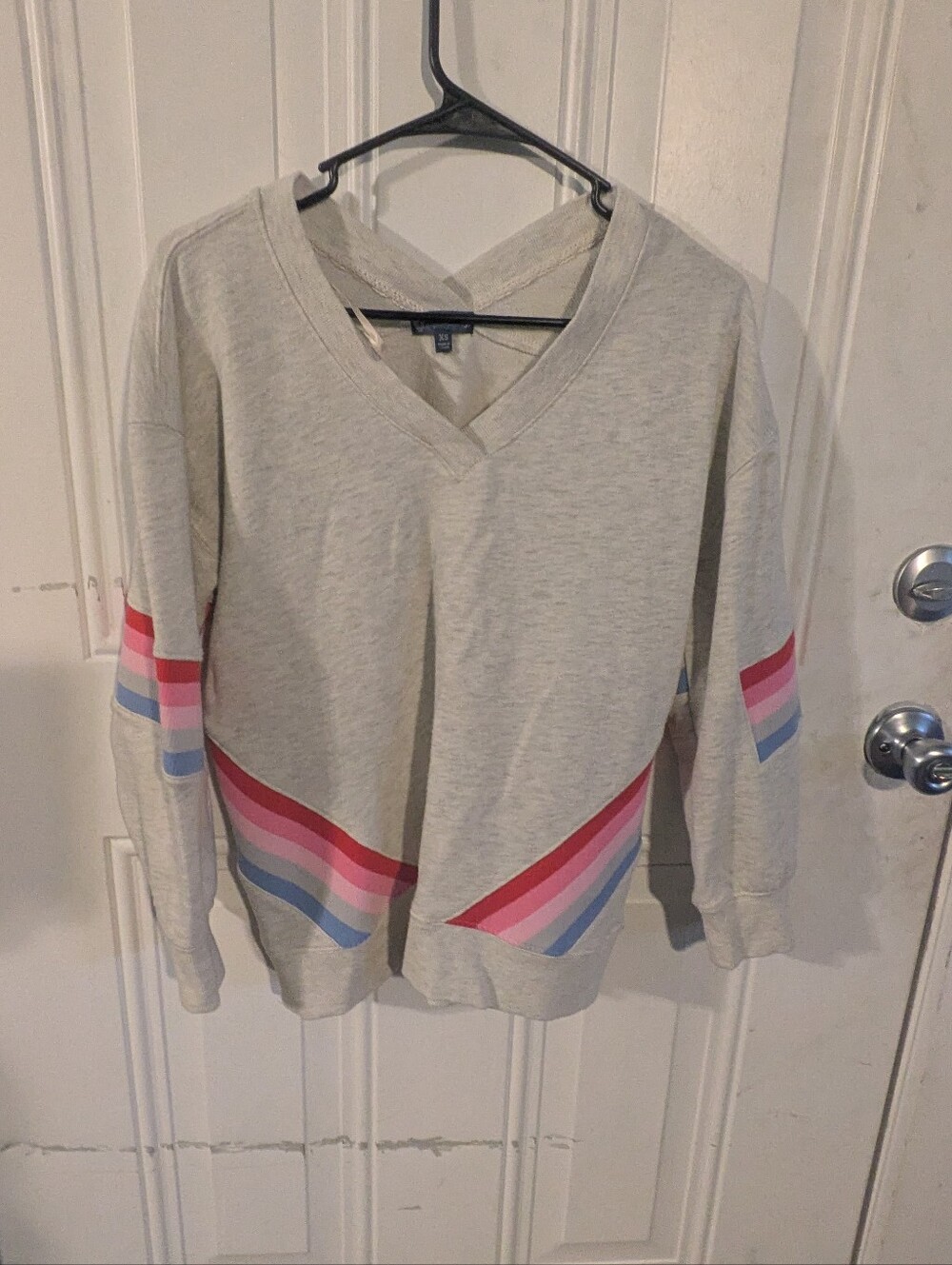 Democracy Women's Gray V-Neck Rainbow Stripe Pullover Sweatshirt Size XS